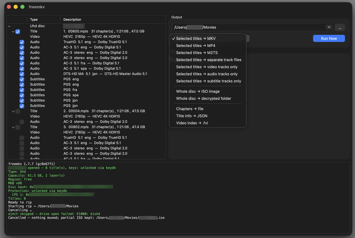 The freemkv desktop app on macOS with the output menu open — selected titles to MKV, MP4, M2TS, separate track files, or video, audio or subtitle tracks only; the whole disc to an ISO image or a decrypted folder; or chapters, title info as JSON, or a video index